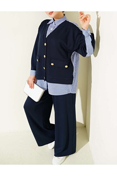 Burcia Gold Buttoned Garnished Casual Double Suit Set