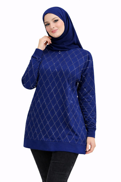 MİRA BUTİK Women's Navy Blue Stone Patterned Long Sleeve Side Slit Hijab Tunic