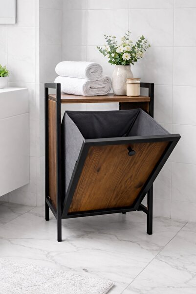 Mudesa Metal Ahşap Banyo Rafı Düzenleyici Çamaşır Kirli Sepeti Dolabı Rafı