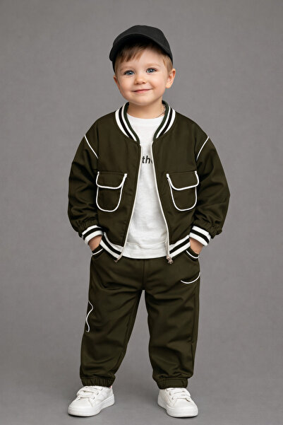 nure studio Boy's Khaki Stylish 3-Piece Set |   Bomber Jacket + Printed Long ...