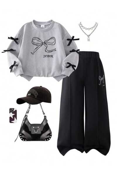 VESTIR BIEN Σετ με κορδέλα με στάμπα, γκρι επάνω μέρος, φαρδιά μπατζάκια και ...