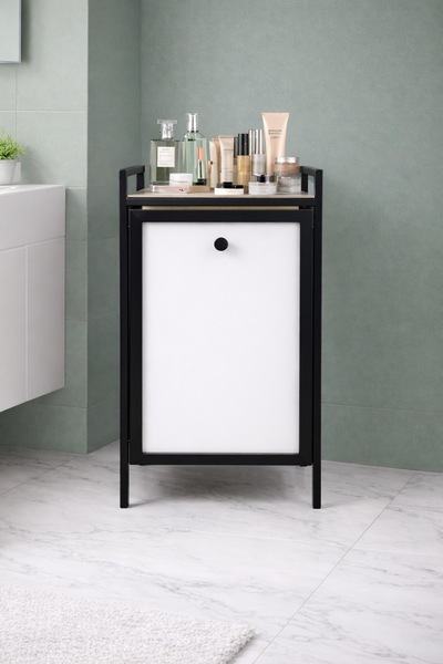 Mudesa Metal Ahşap Banyo Düzenleyici Çamaşır Sepeti - Kirli Sepeti Ahşap Banyo Dolabı - Banyo Rafı