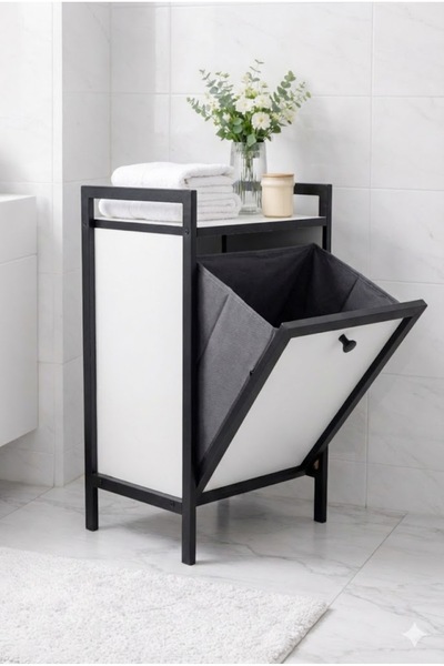 Mudesa Metal Ahşap Banyo Düzenleyici Çamaşır Sepeti - Kirli Sepeti Ahşap Banyo Dolabı - Banyo Rafı