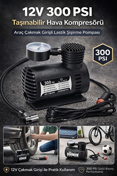 Hane Dostu 12V 300 PSI Taşınabilir Hava Kompresörü Araç Çakmak Girişli Lastik...