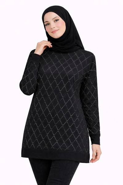 MİRA BUTİK تونيك نسائي طويل الأكمام بنقشة الحجر الأسود للحجاب