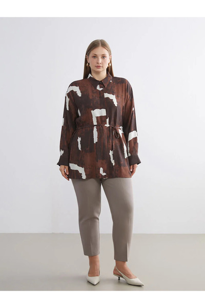 LC Waikiki Καφέ γυναικείο πουκάμισο τουνίκ με σχέδιο με γραβάτα