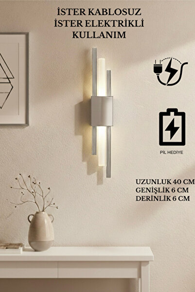 Sdlight Gümüş Renk Pilli ve Elektrikli Lüks Duvar Aplik Simetri