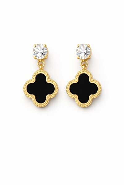 POEM JEWELLERY Altın Kaplama Siyah Oniks Taş Yonca Sallantılı Küpe Zirkon Taş...