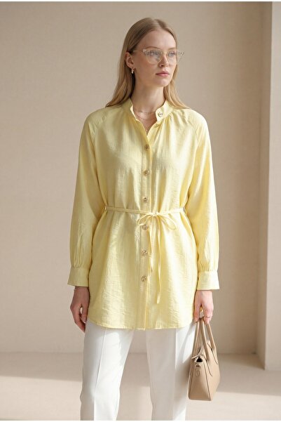 Modamorfo Ornamental Buttoned Raglan Sleeve Lace-Up Strawberry Shirt - Yellow