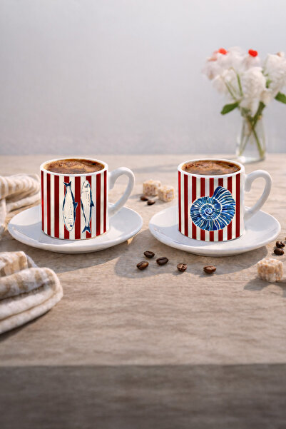 megodesignn Çizgili Marine Desenli Türk Kahvesi Fincan Takımı - 90 ml Premium...