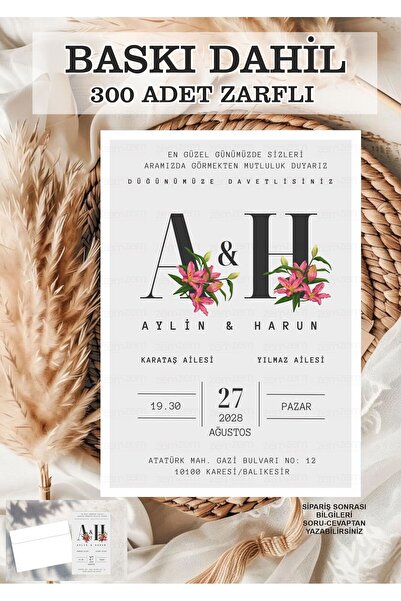 Hsn 300 adet Baskı ve Zarf Dahil Düğün Nikah Nişan Davetiyesi Baskılı Zarflı ...