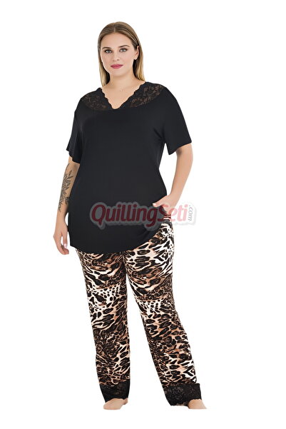 quilling Black Color, Leopard Pattern 11006 Short Sleeve Women's Plus Size Mo...