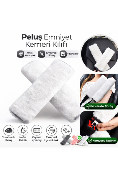 lawrenceshop Beyaz Peluş Emniyet Kemeri Kılıfı 2’li Set Ultra Yumuşak Univers...