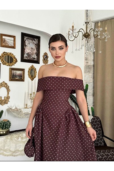 Dilek Vardar Brown Polka Dot Madonna Collar Midi Length Vintage Dress