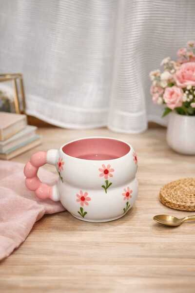 İZart Beaded Handle, Inside Painted with Pink Daisy Pattern, Special Embossed...