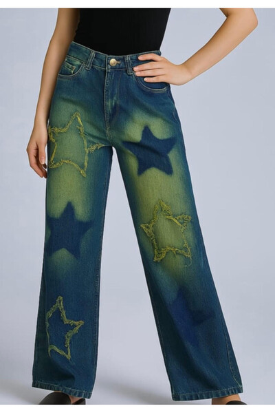 deniva Wide Leg Y2K Green Starry Baggy Jeans