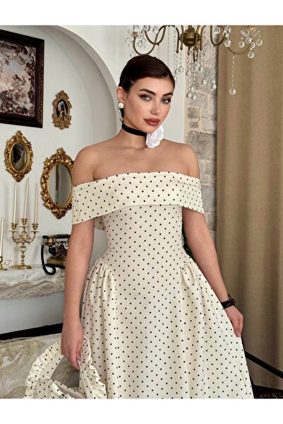 Dilek Vardar Cream Polka Dot Madonna Collar Midi Length Vintage Dress