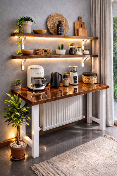 PREMIUM HOME DEKOR 60 X 120 + 2 RAF DOĞAL AHŞAP ÇİFT KAT VERNİKLİ BAR/KAHVE K...