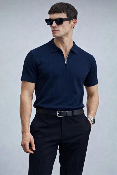 Lufian Erkek Yarın Fermuarlı Slim Fit Kısa Kollu Triko Tişört