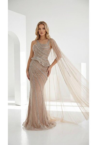 aşkın göksu Bej Kayık Yaka Tek Kol Tül Beden Boncuk İşlemeli Kadın Abiye