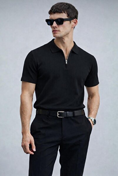 Lufian Erkek Yarın Fermuarlı Slim Fit Kısa Kollu Triko Tişört