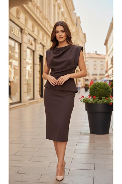 aşkın göksu Kahve Degaje Yaka Düşük Kol Belden Drapeli Midi Boy Kadın Abiye
