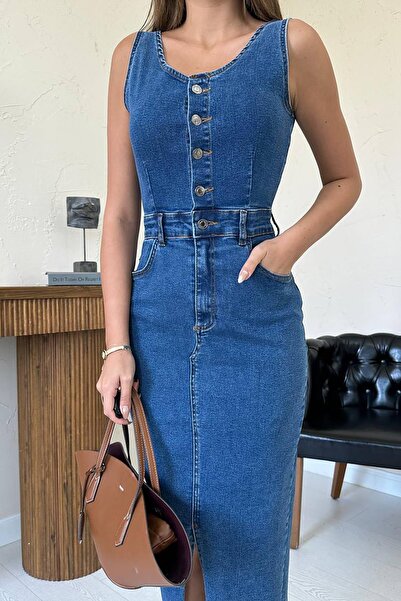 Caddebostan Moda Button Detailed Slit Lycra Denim Gilet Dress Long Denim Dress