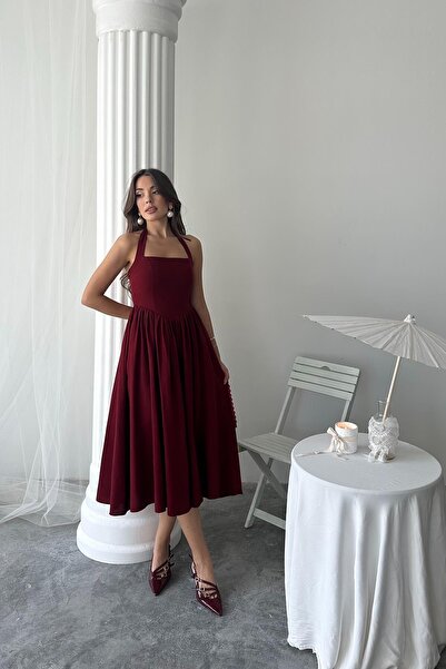 Caddebostan Moda Halter Neck Linen Dress with Open Back and Flared Cut, Midi ...