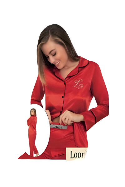 LOOMERİE طقم بيجامة نسائية ساتان كلاسيكي قطعتين بأزرار وتطريز أنيق - أحمر