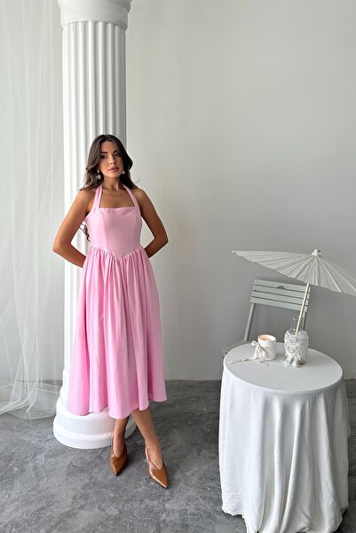 Caddebostan Moda Halter Neck Tie-Detail Linen Dress Retro Model Flared Cut Mi...