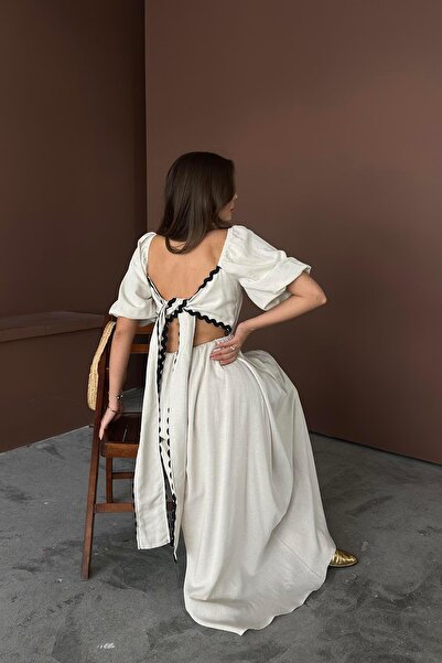 Caddebostan Moda Backless Tie-Back Square Neckline Linen Dress