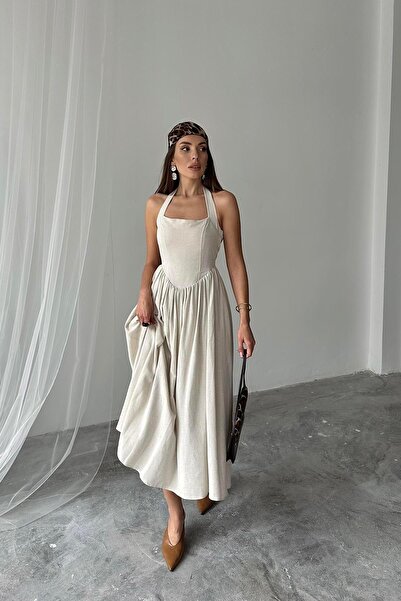 Caddebostan Moda Halter Neck Linen Dress with Open Back and Flared Cut, Midi ...