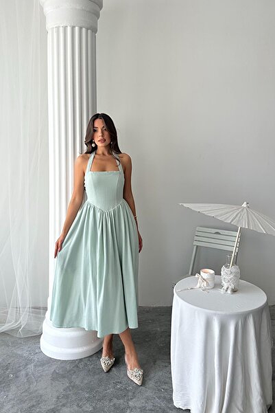 Caddebostan Moda Halter Neck Linen Dress with Open Back and Flared Cut, Midi ...