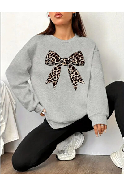 ALCİNOUS Gray Cotton Printed Crewneck Women's Sweatshirt