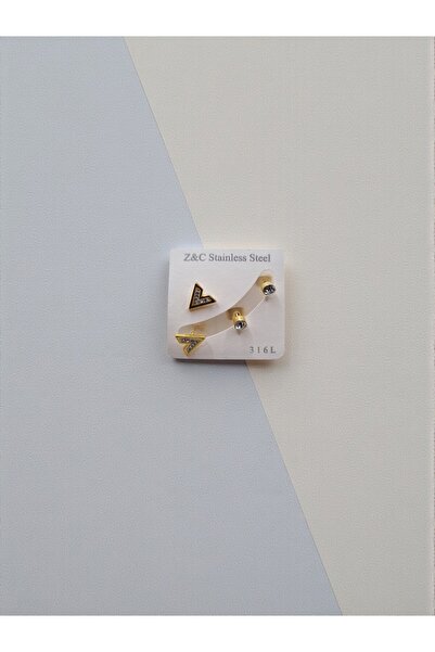 ahsenaksesuar2025 Gold Color Zircon Stone Detailed 316L Steel Tarnish Resista...