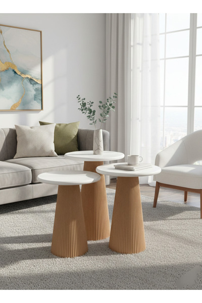 Aura Ways 3'lü Mantar Zigon Sehpa / Üçlü Mantar Sehpa / MEŞE Ayak / BEYAZ Tabla