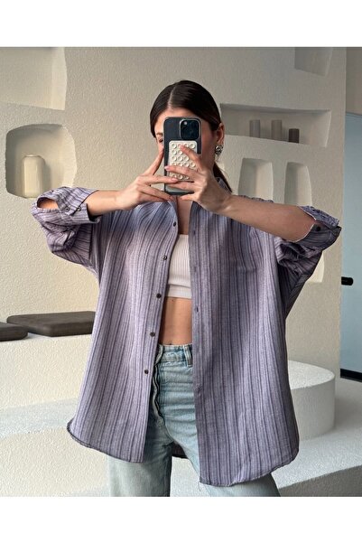 Kahvemsi Oversize Pamuklu Keten Çizgili Gömlek