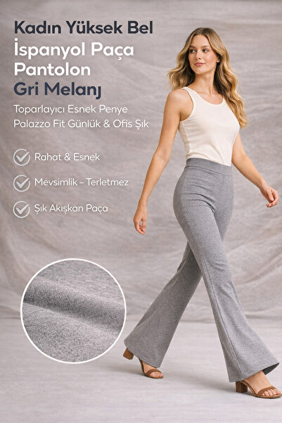 PANTOFİT Women's High-Waisted Spanish Flare Pants – Stretchy Combed Cotton Pa...