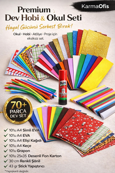 KarmaOfis Dev Okul & Hobi Seti 70+ Parça EVA Keçe Elişi Kağıdı Fon Karton Gra...