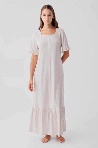 Artış Kısa Kollu Düğmeli Fırfırlı Pamuklu Uzun Gecelik