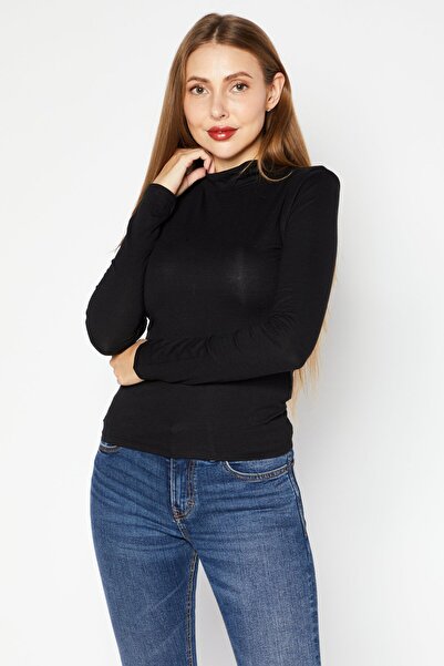 Don't Call Me Jennyfer Women High Neck Long Sleeves Plain Sweatshirt, Black