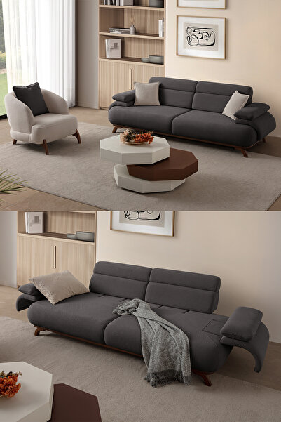 Eymense Bonjo Sırt Mekanizmalı Ceviz Kasalı Koltuk Takımı 3+1 Antrasit