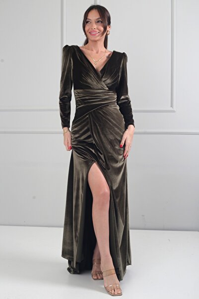 By Saygı Women's Double-Breasted Collar Lined Draped Plus Size Long Velvet Dress