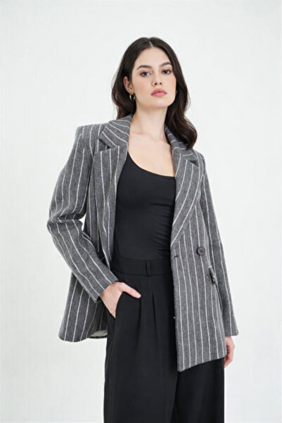 ayriss İnce Çizgili Gri Kaşe Ceket