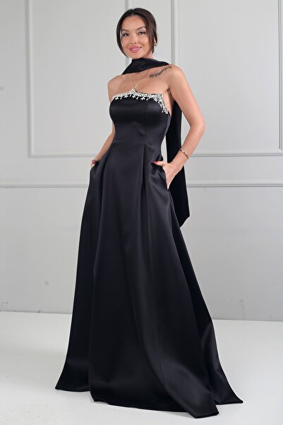 By Saygı Kadın Straplez Taşlı Astarlı Cepli Uzun Saten Elbise