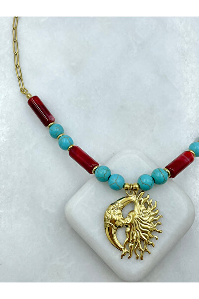 Seda Bijuteri Steel Natural Stone Look Moon and Sun Pendant Necklace Gold