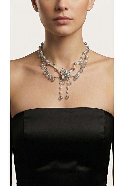 Spazio Kristal Çoklu Boncuklu İnci Detaylı Kolye GÜMÜŞ