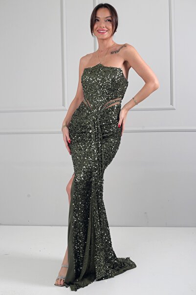 By Saygı Дамска рокля без презрамки с подплатена яка тип „прилеп“ и дълги рък...