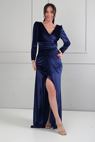 By Saygı Women's Double-Breasted Collar Lined Draped Plus Size Long Velvet Dress