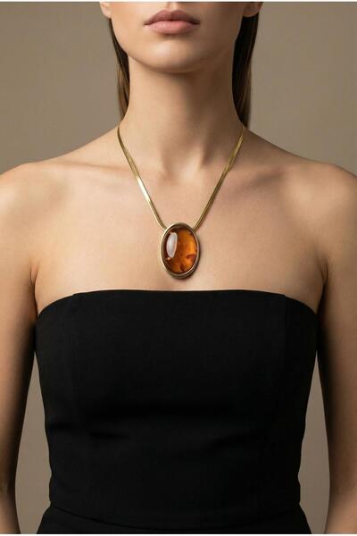 Spazio Büyük Oval Doğal Taş Kolye KARAMEL